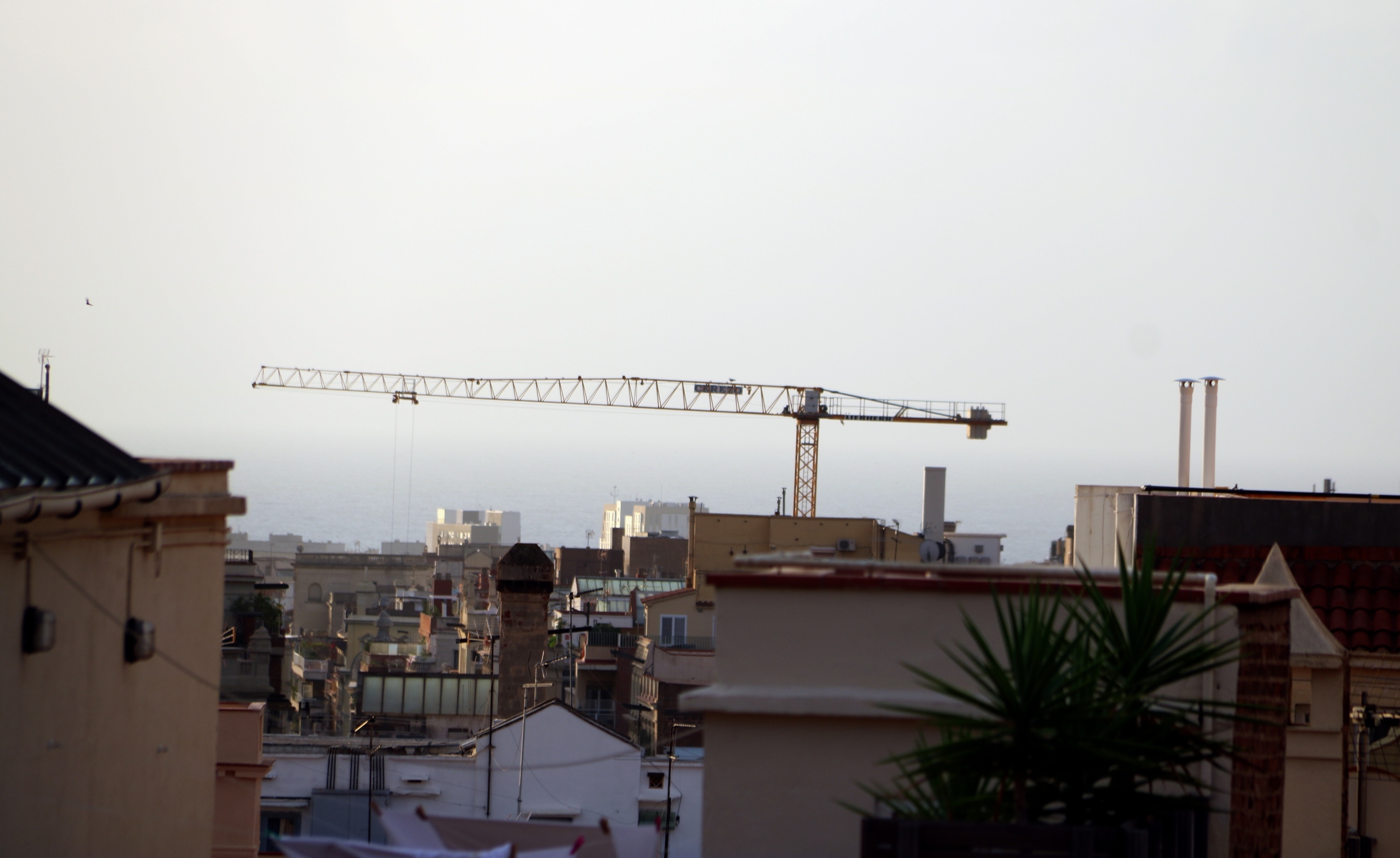 Vista des d'un terrat de Barcelona amb una grua de la construcció treballant a l'Eixample (26/09/2018). Foto: Júlia Pérez / ACN.