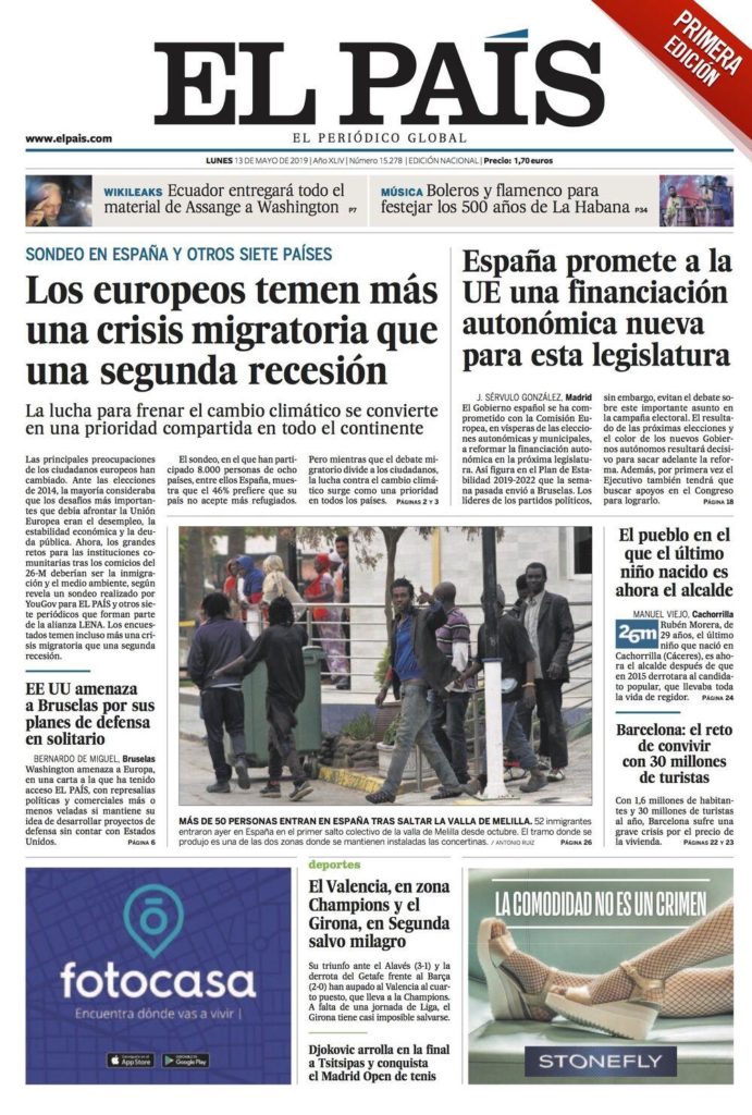 Portada El País, 13 de maig de 2019